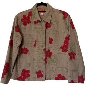 Hearts of Palm Collared Jacket Beige Red Floral Print 100% Cotton Women's Size 8